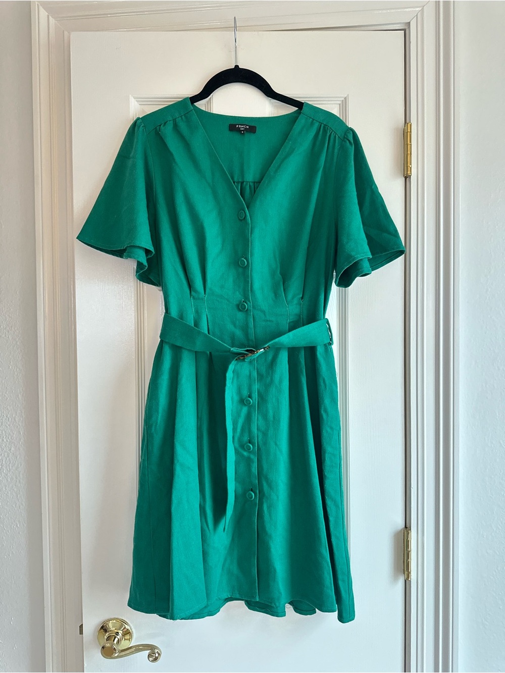 FRNCH Paris Green Button-Front, Belted Short Sleeve Dress Size Medium